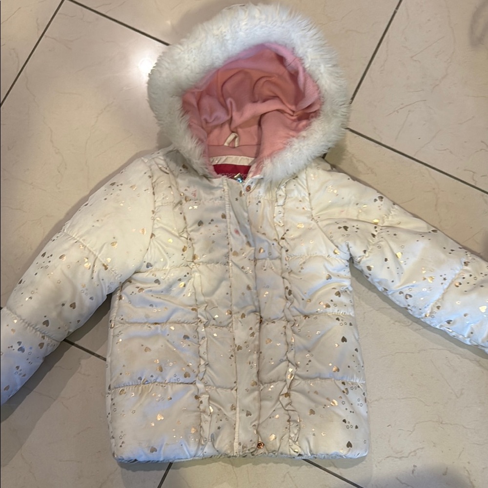 White and gold Hooded Jacket with Gold Heart Accents